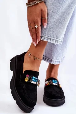 Outlet Boto Damskie Zamszowe Półbuty Loafery Z Ozdobą Czarne Karlott