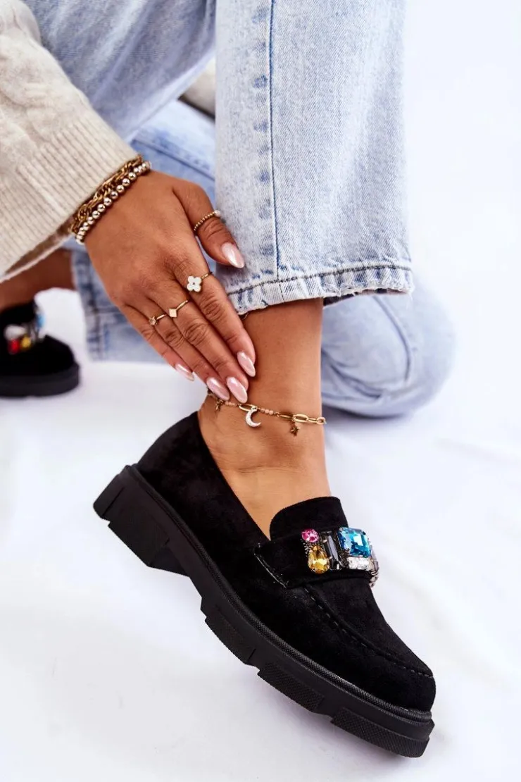 Outlet Boto Damskie Zamszowe Półbuty Loafery Z Ozdobą Czarne Karlott