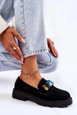 Outlet Boto Damskie Zamszowe Półbuty Loafery Z Ozdobą Czarne Karlott