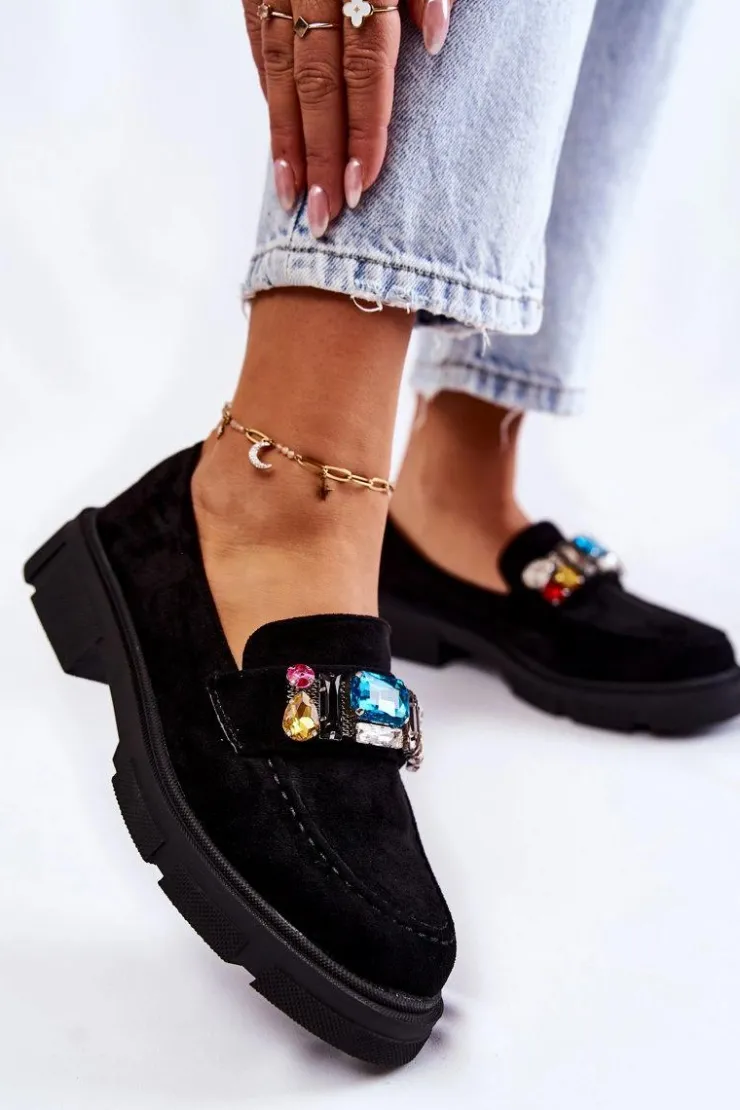 Outlet Boto Damskie Zamszowe Półbuty Loafery Z Ozdobą Czarne Karlott