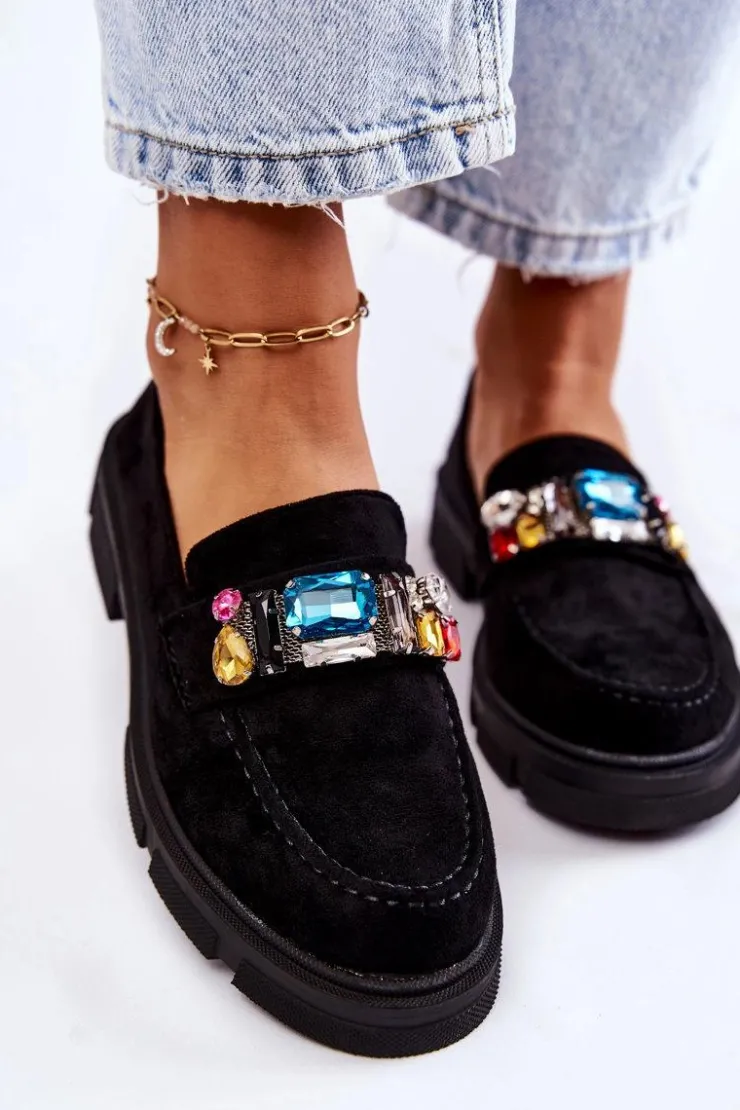 Outlet Boto Damskie Zamszowe Półbuty Loafery Z Ozdobą Czarne Karlott