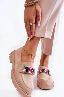 Boto Mokasyny Damskie Zamszowe*Damskie Zamszowe Półbuty Loafery Z Ozdobą Beżowe Karlott