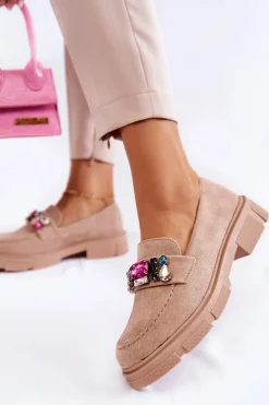 Boto Mokasyny Damskie Zamszowe*Damskie Zamszowe Półbuty Loafery Z Ozdobą Beżowe Karlott