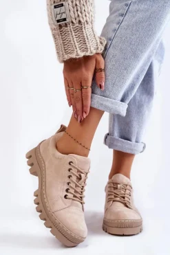 Discount Damskie buty S.Barski Damskie Zamszowe Półbuty Wiązane Beżowe Mayson