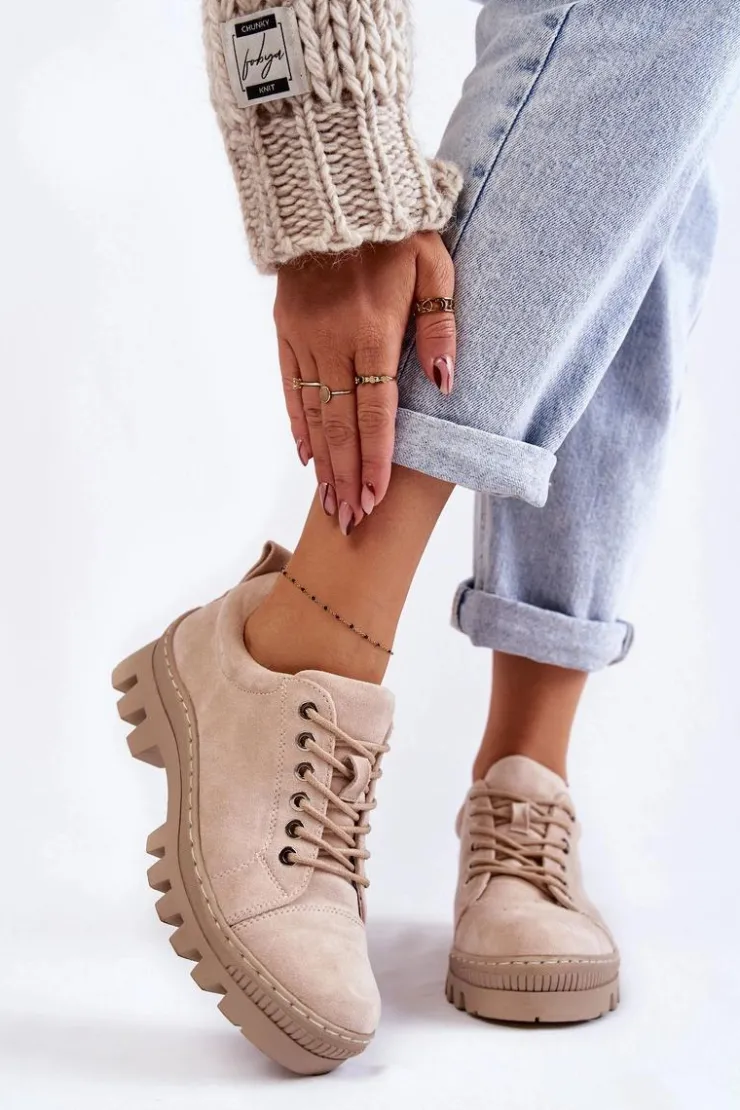 Discount Damskie buty S.Barski Damskie Zamszowe Półbuty Wiązane Beżowe Mayson