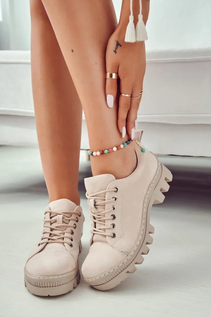 Discount Damskie buty S.Barski Damskie Zamszowe Półbuty Wiązane Beżowe Mayson