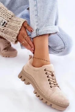 Discount Damskie buty S.Barski Damskie Zamszowe Półbuty Wiązane Beżowe Mayson