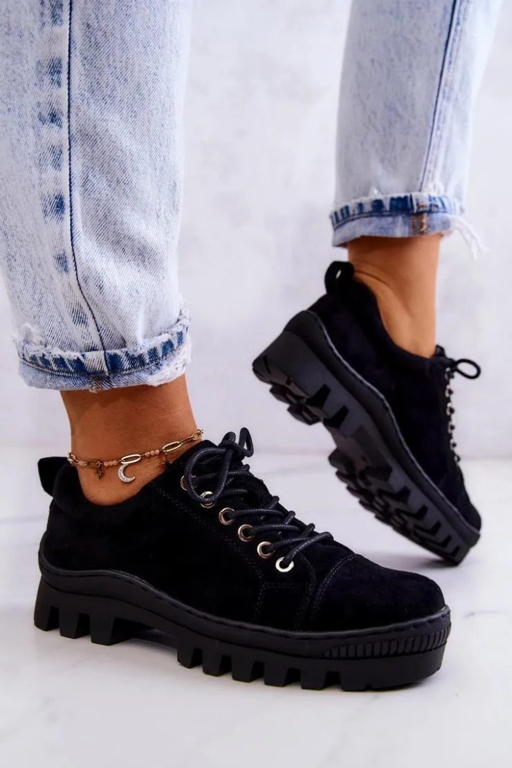 Damskie Damskie buty S.Barski Damskie Zamszowe Półbuty Wiązane Czarne Mayson