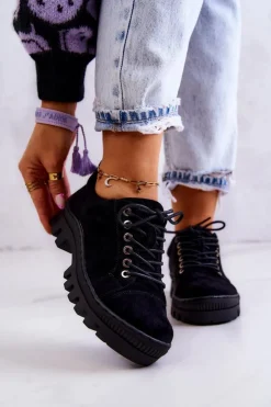 Damskie Damskie buty S.Barski Damskie Zamszowe Półbuty Wiązane Czarne Mayson