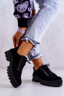 Damskie Damskie buty S.Barski Damskie Zamszowe Półbuty Wiązane Czarne Mayson