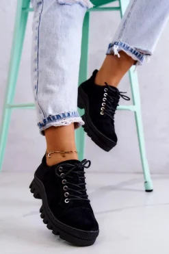 Damskie Damskie buty S.Barski Damskie Zamszowe Półbuty Wiązane Czarne Mayson