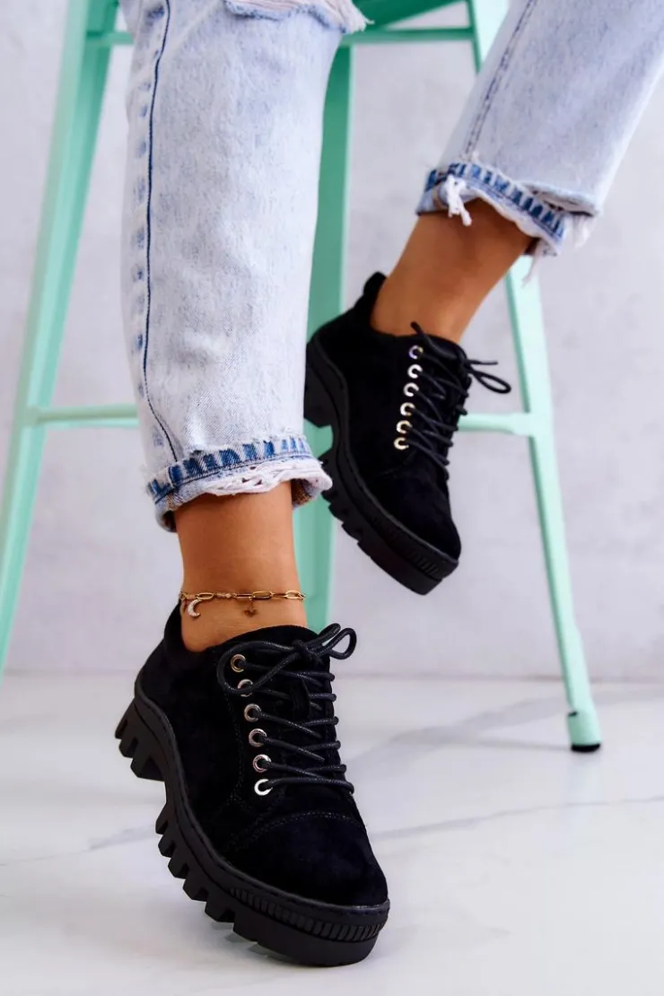 Damskie Damskie buty S.Barski Damskie Zamszowe Półbuty Wiązane Czarne Mayson