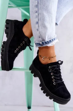 Damskie Damskie buty S.Barski Damskie Zamszowe Półbuty Wiązane Czarne Mayson