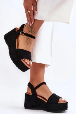 Boto Sandały Na Koturnie*Damskie Zamszowe Sandałki Na Koturnie Czarne Lydia