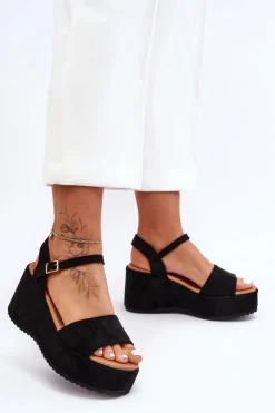 Boto Sandały Na Koturnie*Damskie Zamszowe Sandałki Na Koturnie Czarne Lydia