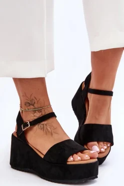 Boto Sandały Na Koturnie*Damskie Zamszowe Sandałki Na Koturnie Czarne Lydia