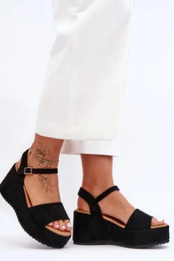 Boto Sandały Na Koturnie*Damskie Zamszowe Sandałki Na Koturnie Czarne Lydia