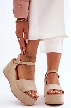 Discount Boto Damskie Zamszowe Sandałki Na Koturnie Beżowe Lydia