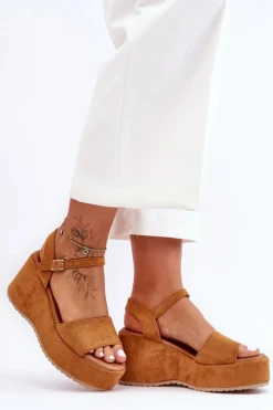 Online Boto Damskie Zamszowe Sandałki Na Koturnie Camel Lydia