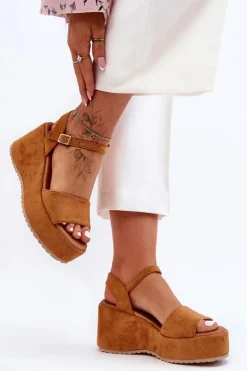 Online Boto Damskie Zamszowe Sandałki Na Koturnie Camel Lydia