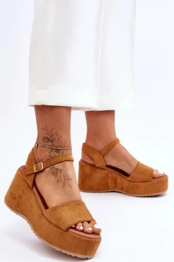 Online Boto Damskie Zamszowe Sandałki Na Koturnie Camel Lydia