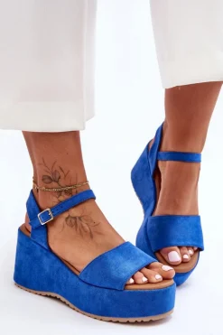 Damskie Boto Damskie Zamszowe Sandałki Na Koturnie Niebieskie Lydia
