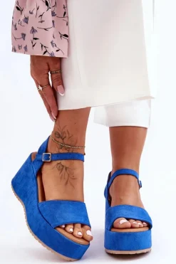 Damskie Boto Damskie Zamszowe Sandałki Na Koturnie Niebieskie Lydia