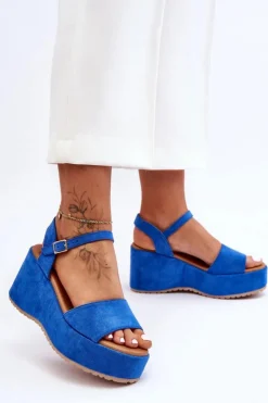 Damskie Boto Damskie Zamszowe Sandałki Na Koturnie Niebieskie Lydia