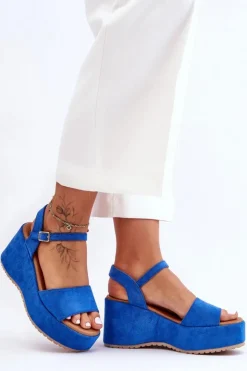 Damskie Boto Damskie Zamszowe Sandałki Na Koturnie Niebieskie Lydia