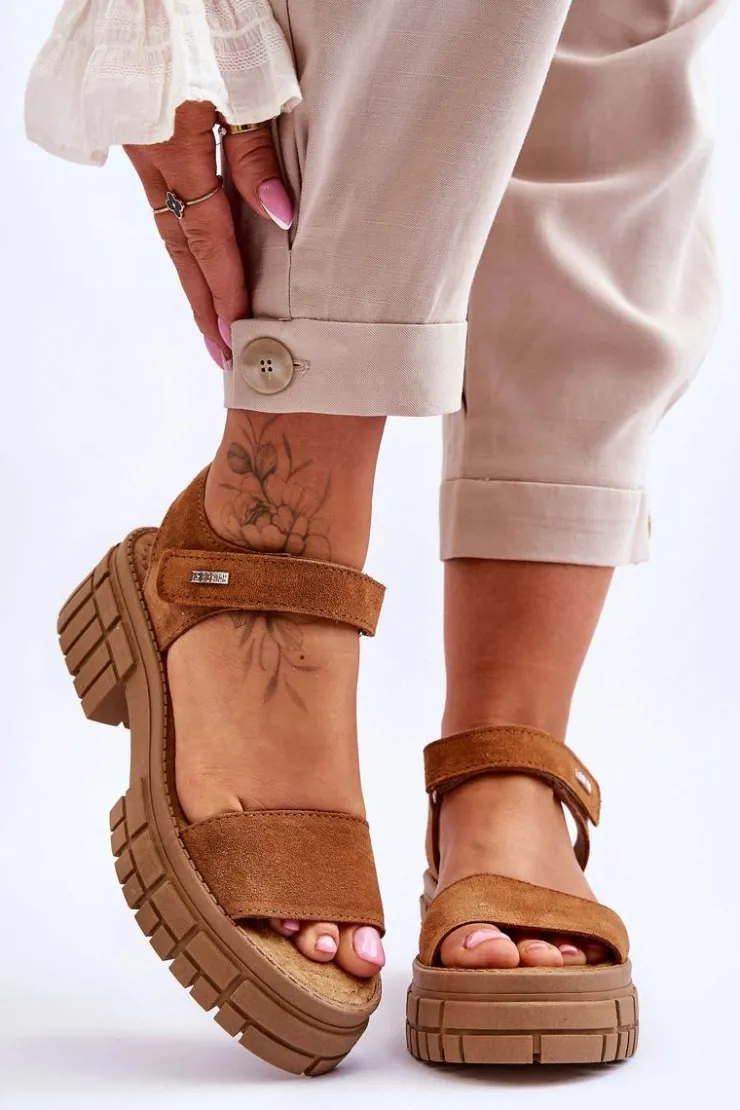 Big Star Shoes Sandały Big Star|Sandały Płaskie*Damskie Zamszowe Sandały Big Star LL276032 Camel