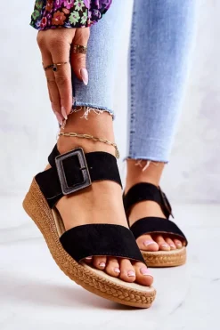 Big Star Shoes Sandały Big Star|Sandały Na Koturnie*Damskie Zamszowe Sandały Big Star JJ276031 Czarne