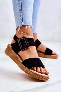 Big Star Shoes Sandały Big Star|Sandały Na Koturnie*Damskie Zamszowe Sandały Big Star JJ276031 Czarne