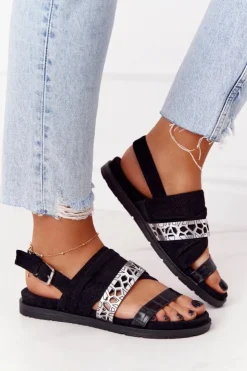 Damskie Evento Damskie Zamszowe Sandały Czarno-Srebrne Asturia