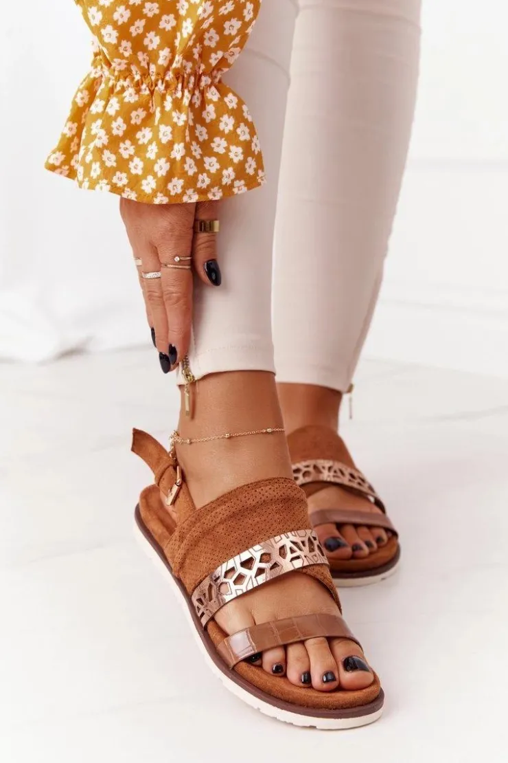 Evento Sandały Płaskie*Damskie Zamszowe Sandały Camel Asturia