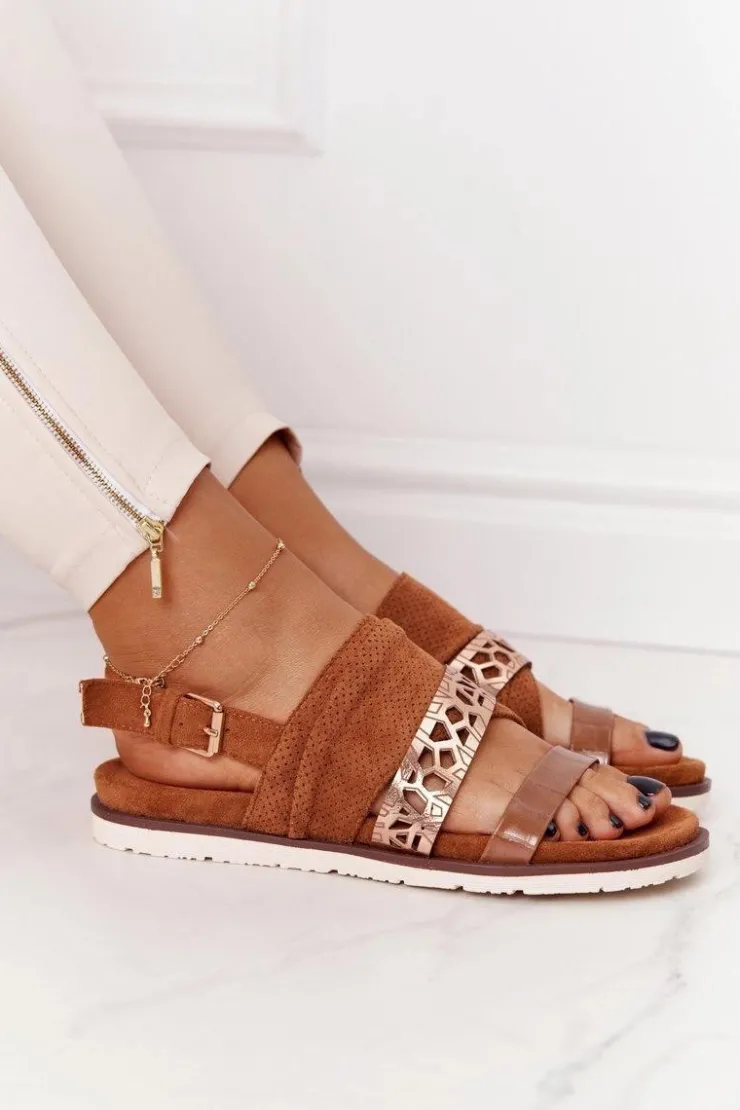 Evento Sandały Płaskie*Damskie Zamszowe Sandały Camel Asturia