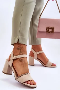 Damskie Evento Damskie Zamszowe Sandały Na Niskim Słupku Beżowe Loredo