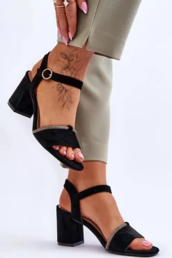 Evento Sandały Na Obcasie*Damskie Zamszowe Sandały Na Niskim Słupku Czarne Loredo