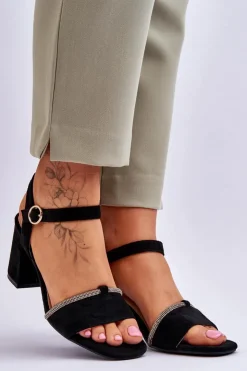 Evento Sandały Na Obcasie*Damskie Zamszowe Sandały Na Niskim Słupku Czarne Loredo