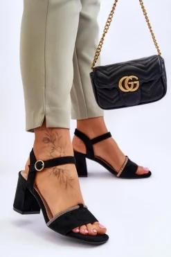 Evento Sandały Na Obcasie*Damskie Zamszowe Sandały Na Niskim Słupku Czarne Loredo