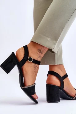 Evento Sandały Na Obcasie*Damskie Zamszowe Sandały Na Niskim Słupku Czarne Loredo