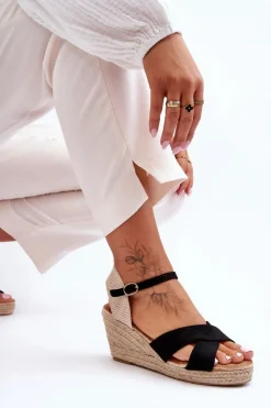 Boto Sandały Na Koturnie*Damskie Zamszowe Sandały Na Plecionym Koturnie Czarne Tessa