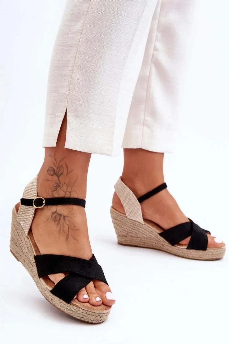 Boto Sandały Na Koturnie*Damskie Zamszowe Sandały Na Plecionym Koturnie Czarne Tessa