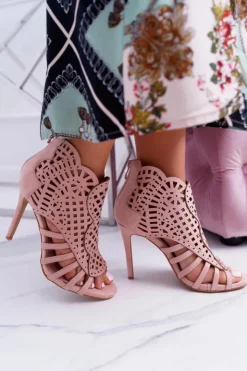 Boto Sandały Na Obcasie*Damskie Zamszowe Sandały na Szpilce Pudrowy Róż Viviane