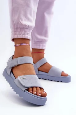 Big Star Shoes Sandały Big Star|Sandały Płaskie*Damskie Zamszowe Sandały Na Platformie Big Star NN274706 e Niebieski