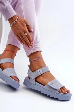 Big Star Shoes Sandały Big Star|Sandały Płaskie*Damskie Zamszowe Sandały Na Platformie Big Star NN274706 e Niebieski