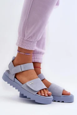 Big Star Shoes Sandały Big Star|Sandały Płaskie*Damskie Zamszowe Sandały Na Platformie Big Star NN274706 e Niebieski