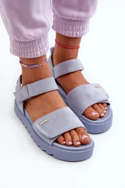 Big Star Shoes Sandały Big Star|Sandały Płaskie*Damskie Zamszowe Sandały Na Platformie Big Star NN274706 e Niebieski