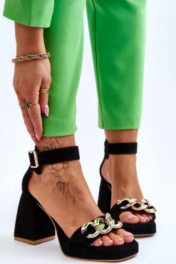 Best Boto Damskie Zamszowe Sandały Na Masywnym Obcasie Lewski Shoes 3207 Czarne Czarny