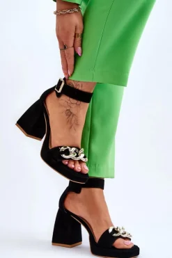 Best Boto Damskie Zamszowe Sandały Na Masywnym Obcasie Lewski Shoes 3207 Czarne Czarny