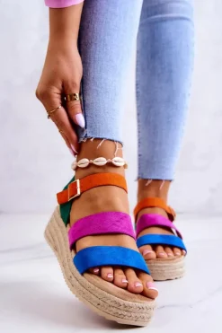 Boto Sandały Na Koturnie*Damskie Zamszowe Sandały Na Sprzączkę Multikolor Corestra